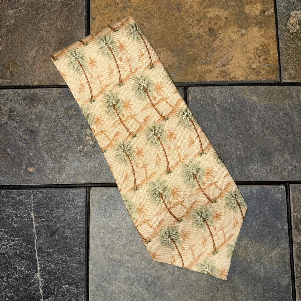 Tommy Bahama Tie, Hand Made, Palm Trees, Sailboats, Tan/green/brown,  57